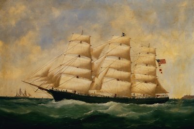 Det amerikanska segelfartyget, Servia utanför Le Havre (olja på duk) av Edouard Marie Adam