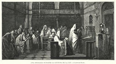 Synagoga under en Torahläsning (litho) av Edouard Moyse