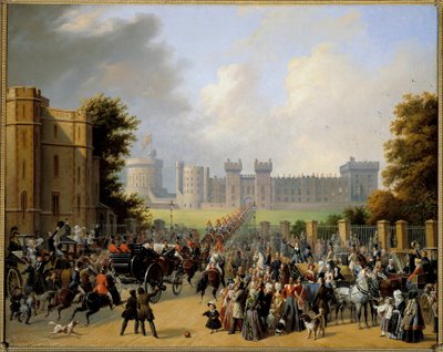 Ankomst av Louis Philippe I (1773-1850) till slottet i Windsor 8/10/1844 Målning av Edouard Pingret (1788-1875) 1845 Sön. 1,28x1,6 m av Edouard Pingret