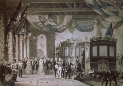 Drottning Victoria (1819-1901) och prins Albert (1819-61) anländer till Gosport Station, Hampshire, graverad av Bayot & Cuvilier, 1846 av Edouard Pingret
