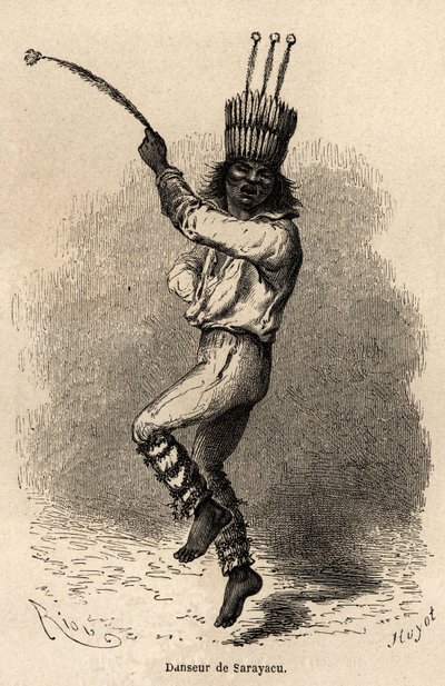 En dansare i Sarayacu (Peru), teckning av Riou, för att illustrera Paul Marcoys resa från Stilla havet till Atlanten från 1848 till 1860. Gravyr i "" Le tour du monde", redigerad av Edouard Charton av Edouard Riou