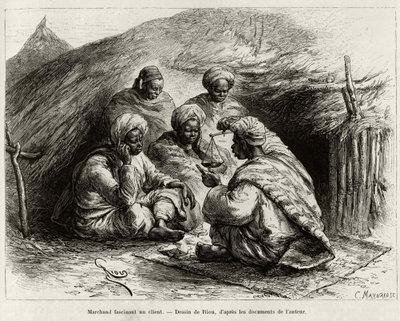 En köpman som fascinerar en kund, sittande på golvet, på en liten matta, han gör artikeln genom att hålla i en våg. Gravyr av Riou, för att illustrera historien ""Från Niger till Guineebukten", av kapten Louis Gustave Binger (1856-1936), 1887-1889, i av Edouard Riou