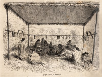 Ajoupa (otryggt bostadsbyggande) av antisindianerna, i Biticaraya (Peru), teckning av Riou, som illustrerar resan från Stilla havet till Atlanten av Edouard Riou
