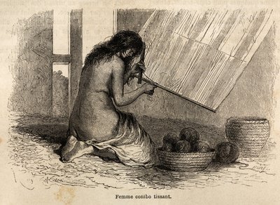 En indisk Conibo från Peru väver, teckning av Riou för att illustrera P. Marcoys resa, från 1848 till 1860, från Stilla havet till Atlanten. Gravyr i "" Le tour du monde", redigerad av Edouard Charton av Edouard Riou