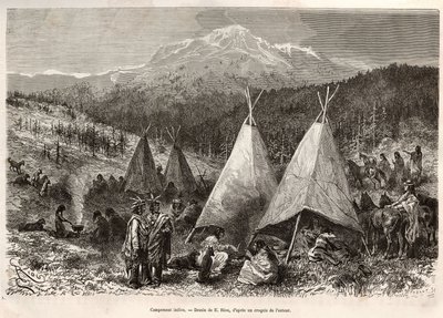Ett indiskt läger, i Utahs territorium, på stranden av Riviere Verte. Gravyr efter teckningen av E.Riou, för att illustrera historien La conquete blanche, av William Hepworth Dixon, 1875, publicerad i "" Le tour du monde""" 1876, redigerad av Edouard Chart av Edouard Riou