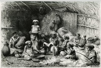 En eftermiddag på favoriten hos Sheik of the Gobrons, kvinnors aktiviteter: broderi och spinning av ull, flätad och keramik. Gravyr av Riou, för att illustrera berättelsen "" Voyage chez les Benadir, les somalis et les Bayoun"", 1882-1883, av Georges Rev. av Edouard Riou