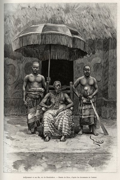 Ardjoumani (död 1892) och hans söner, kung av Bondoukou (Elfenbenskusten). Gravyr av Riou, för att illustrera historien "" Från Niger till Guineebukten"" av kapten Louis Gustave Binger (1856-1936), 1887-1889, i Le tour du monde, nouveau journal des voyag av Edouard Riou