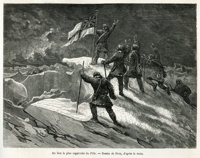 Kapten George Strong Nares (1831-1915) planterade den brittiska flaggan på platsen närmast polen, teckning av Riou, för att illustrera historien om en resa till polarhavet 1875-1876, av kapten G.S.Nares. Gravyr i Le tour du monde av Edouard Riou