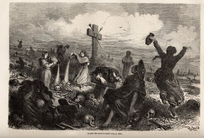Firande av fete des morts i Cuzco, teckning av Riou, för att illustrera Paul Marcoys resa genom Sydamerika från 1848 till 1860. Gravyr i "" Le tour du monde", redigerad av Edouard Charton av Edouard Riou