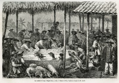 Tuppfäktning och gatuanimation i Ibague (Colombia), teckning av Riou, för att illustrera historien om Equinoxiale America (Colombia, Ecuador, Peru), 1875-1876, av Ed. andre, resemissionsavgift av den franska regeringen. Gravyr i Le tour du monde av Edouard Riou