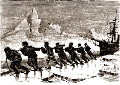 Besättning av sjömän som drar en segelbåt på ett isflak av Edouard Riou