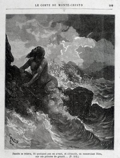Dantès undkom simning - Gravyr av Riou, i "Le Comte de Monte-Cristo"" av A. Dumas, ed. Jules Rouff & Cie av Edouard Riou