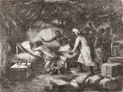 Dr. Livingstones död i byn Tchitammbo, Afrika, 1873, illustration från "The World in the Hands", publicerad 1878 av Edouard Riou