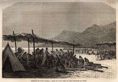 Distribution av mat i Keauhou, efter jordbävningen och vulkanutbrottet 1868, till offren för katastrofen, gravering efter teckningen av E.Riou, som illustrerar resan till Sandwichöarna, 1855-1869, av C. de Varigny, publicerad i "" Le av Edouard Riou