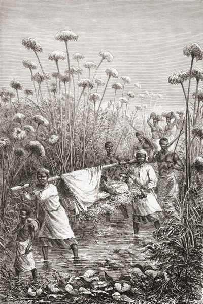 Dr. David Livingstone bärs de sista milen till byn Tchitammbo, Afrika, strax före sin död, illustration från "The World in the Hands", graverad av Henri Theophile Hildibrand av Edouard Riou