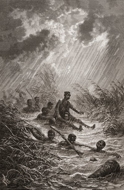 Dr. David Livingstone bärs genom ett träsk av bärare under sin expedition till Afrika 1872, illustration från "The World in the Hands", graverad av Charles Laplante av Edouard Riou