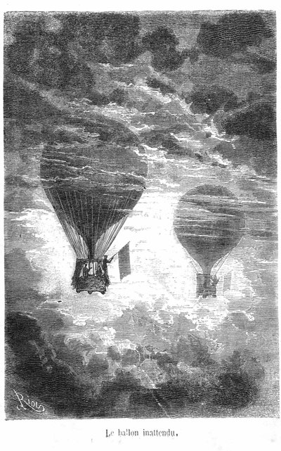 Ritning av boken av Jules Verne "Five weeks en Ballon"-samlingen Hetzel/Extraordinary Travels. Victoriaballongen möter en annan ballong i molnen av Edouard Riou