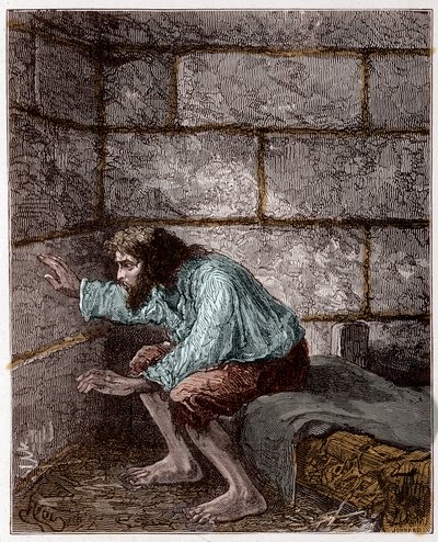 Edmond Dantes, alias greven av Monte Cristo (Monte Cristo) i sitt fängelse - Gravyr av Riou, i "Greven av Monte-Cristo" av Alexandre Dumas av Edouard Riou