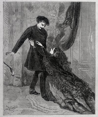 Edmond Dantes et Mercedes - Gravyr av Riou, i "" Greven av Monte Cristo"" (Monte-Cristo) av Alexandre Dumas pere (1802-1870), red. Jules Rouff & Cie av Edouard Riou