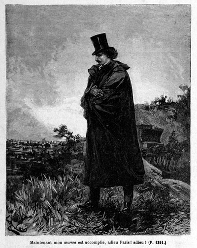 Edmond Dantes, greve av Monte-Cristo lämnar Paris - Gravyr av Riou, i "" La Comte de Monte-Cristo"" av Alexandre Dumas, Rouff & Cie av Edouard Riou