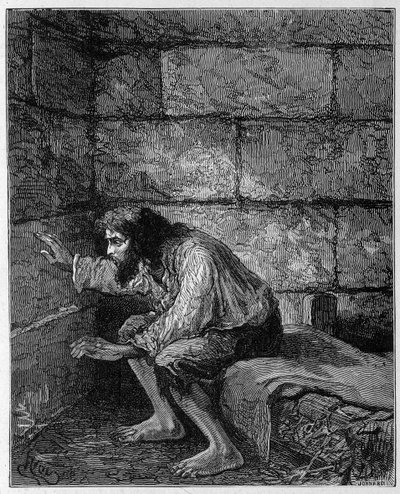 Edmond Dantes, greve av Monte Cristo (Monte Cristo) i sitt fängelse - Gravyr av Riou, i "La Comte de Monte-Cristo" av Alexandre Dumas, Rouff & Cie av Edouard Riou