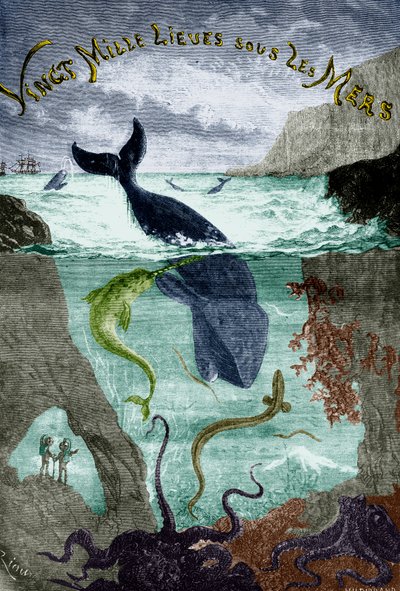Frontispis till Jules Vernes roman 20 000 leagues under the sea (1870) , gravyr, kolorerat dokument av Edouard Riou