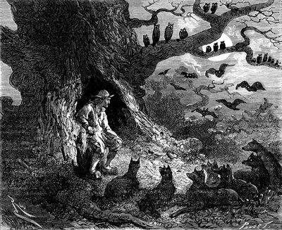Illustration till Alexandre Dumas roman "Le leader de loups": Thibault verkade vara centrum för en infernalisk cirkel, 1800-talet av Edouard Riou