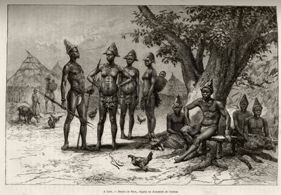 I Lera (eller Dera, Niger), typer av Mandes. Gravyr av Riou, för att illustrera historien "" Från Niger till Guineebukten"" av kapten Louis Gustave Binger (1856-1936), 1887-1889, i Le tour du monde, nouveau journal des voyages, under ledning av av Edouard Riou