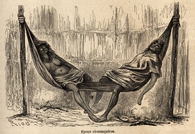 Indiska män Chontaquiros från Peru sover, i sin brudhängmatta, teckning av Riou för att illustrera P. Marcoys resa från 1848 till 1860, från Stilla havet till Atlanten. Gravyr i "" Le tour du monde"", redigerad av Edouard Charton av Edouard Riou