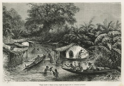 Inondes byar, teckning av Riou, för att illustrera historien om en resa till Gabon och floden Ogoue 1875-1877, av Alfred Marche. Gravyr i Le tour du monde av Edouard Riou