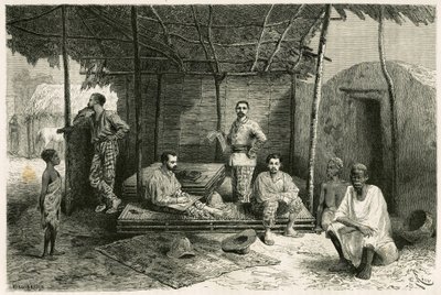 Installation av uppdraget i Nango, för en 10-månaders vistelse, med porträtt av Gallieni och hans kaptener Valliere och Pietri, doktor Tautain samt hans tolkar, guide och cantiniere. Gravyr av Riou, baserad på en skiss av författaren, för att illustrera av Edouard Riou