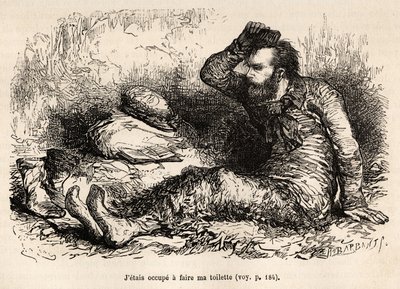 Löjtnant Tyson ockuperade sin morgontoalett, en kam innan han tog på sig stövlarna, etsat efter en teckning av E.Riou, som illustrerar historien om Polaris, isflotten, av löjtnant Tyson, 1870-1873, publicerad i "" Le tour du monde””” 1875, redigerad av Edo av Edouard Riou