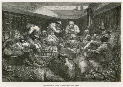 Förlorade och utmattade av trötthet, samlas expeditionens besättning av det ryska fiskefartyget, Nicholas, och avslutar resan i fartygets lastrum, staplar bland fisklasten och jakttrofeer (hjortved, isbjörnsskinn). Gravyr efter av Edouard Riou