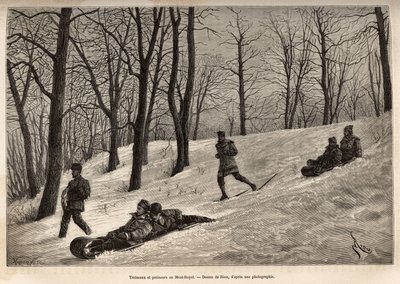 Luges et skaters au plateau du Mont-Royal, nära Montreal, gravering efter en teckning av Riou, som illustrerar utflykten till Kanada och Riviere Rouge du nord, av H. De Lamotte, 1873, publicerad i "" Le tour du monde" ”” 1875, redigerad av Edouard Charton, av Edouard Riou