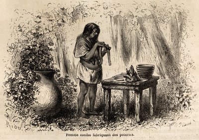 Tillverkning av keramik av en Conibo-indian från Peru, teckning av Riou för att illustrera P. Marcoys resa, från 1848 till 1860, från Stilla havet till Atlanten. Gravyr i "" Le tour du monde"", redigerad av Edouard Charton av Edouard Riou