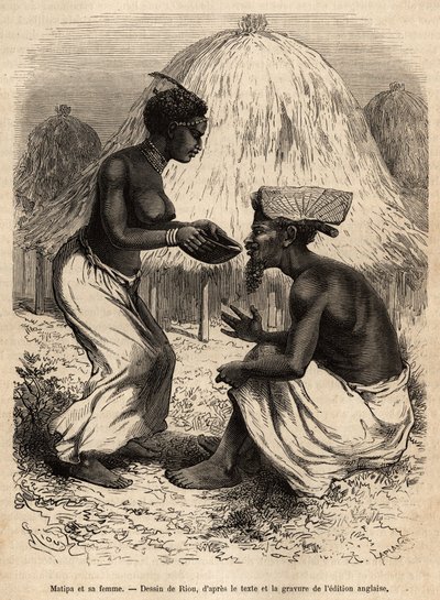 Matipa, en urbefolkning som gav kanoter till Livingstones team, serverades drickande av sin fru, graverad efter en teckning av Riou, som illustrerar David Livingstones sista dagbok (1813-1873), 1866-1873, publicerad i "" Le tour du monde ”” 1875, redigerad av Edouard Riou