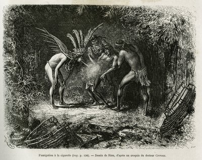 Medicinsk gasning med cigaretter i Roucouyan-indianerna. Gravyr av Riou, för att illustrera historien om Cayenne aux Andes, av Jules Crevaux, läkare vid franska flottan, 1878-1879, publicerad i Tour du monde, under ledning av Edouard Charton av Edouard Riou