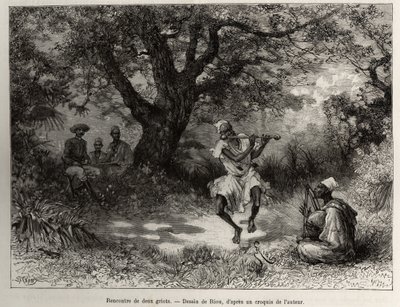 Möt två griots, kapten Binger, som sitter i skuggan, njuter av showen. Gravyr av Riou, för att illustrera berättelsen "" Från Niger till Guineebukten"" av kapten Louis Gustave Binger (1856-1936), 1887-1889, i Le tour du monde, nouveau journal des voy av Edouard Riou