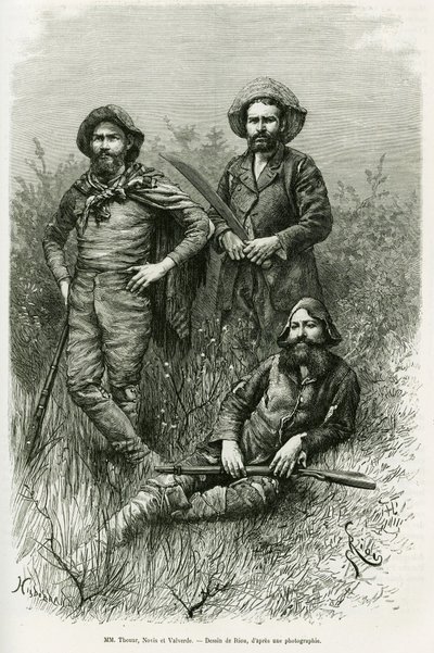 Medlemmar av expeditionen: Mr. Thouar (förlängning), Mr. Novis (stående till vänster) och Mr. Valverde (stående höger). Gravyr av Riou, för att illustrera berättelsen Voyage dans le Chaco Boreal av Edouard Riou