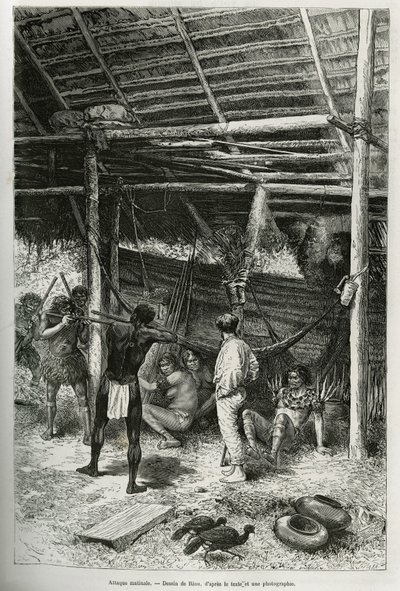 Morgonattack på upptäcktsresandens hydda av indianer från Amazonas stränder. Gravyr av Riou, för att illustrera historien om Cayenne aux Andes, av Jules Crevaux, läkare för franska flottan, 1878-1879, publicerad i Tour du monde, under ledning av av Edouard Riou
