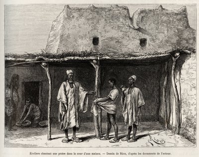 Muslimska skolbarn som sjunger en bön på gården till ett hus, praktiserat i landet Kong (Niger), skolbarnen får en handfull cauris, som de lämnar över till sin lärare och som motsvarar en sorts skatt för folkbildning. av Edouard Riou