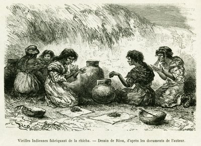 Gamla indiska kvinnor som gör shisha. Gravyr av Riou, för att illustrera berättelsen Journey in the Pilcomayo Delta och från Buenos Aires till Sucre av Edouard Riou