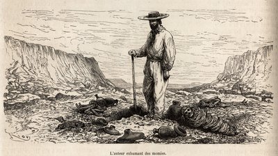 Paul Marcoy exhumant des mummies Incas (Bas Peru), gravyr av E.Riou som illustrerar resan i bergen, Huarancalqui-dalen och regionerna Pjonal, från 1862 till 1863, av Paul Marcoy, publicerad i "Le tour du monde" ” 1875, redigerad av Edou av Edouard Riou