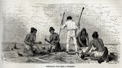 Paul Marcoy lärde sig att göra en matta med änkorna i Sarayacu (Peru), teckning av Riou, för att illustrera Paul Marcoys resa från Stilla havet till Atlanten från 1848 till 1860. Gravyr i "" Le tour du monde"", redigerad av Edouard Charton av Edouard Riou