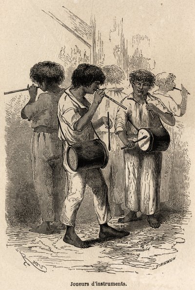 Spelare av musikinstrument i Sarayacu (Peru), teckning av Riou, för att illustrera Paul Marcoys resa från Stilla havet till Atlanten från 1848 till 1860. Gravyr i "" Le tour du monde", redigerad av Edouard Charton av Edouard Riou