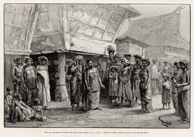 Spelar öronprydnader för Batak-flickor, etnisk grupp på norra Sumatra. Gravyr av Riou för att illustrera berättelsen "ett år i Malaysia", av Jules Claine (1856-1939) av Edouard Riou