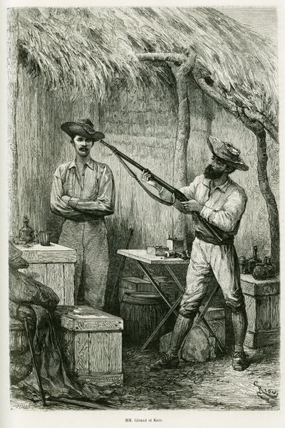 Porträtt av författaren Victor Giraud, en fartygsfänrik och hans resenär, Montagu Kerr, en jägare. Gravyr av Riou, för att illustrera historien Les lacs de l