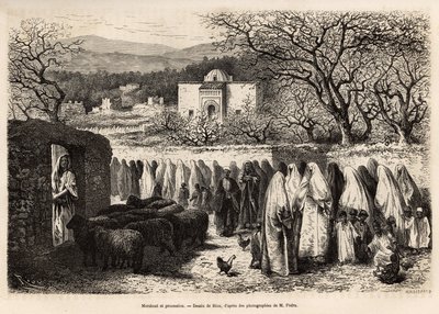 Procession till Marabout de Tlemcen (grav med en kupol av en man som tillhör islam), graverad efter en teckning av E.Riou, som illustrerar resan till Tlemcen (Algeriet), av E. de Lorral, 1875, publicerad i "" Le tour du monde””” 1875, redigerad av Edouard  av Edouard Riou