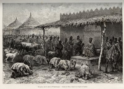 Mottagning på naba Sanem, från Mossi-riket (eller Mosse) i Waghadougou (Ouagadougou, Burkina Faso). Gravyr av Riou, för att illustrera berättelsen "" Från Niger till Guineebukten"" av kapten Louis Gustave Binger (1856-1936), 1887-1889, i Le tou av Edouard Riou