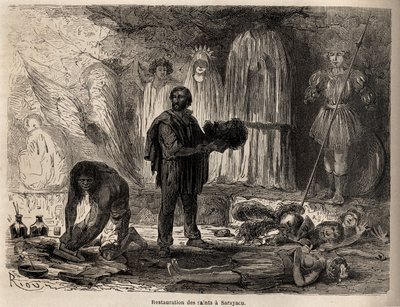 Restaurering av helgonstatyer i Sarayacu (Peru), teckning av Riou, för att illustrera Paul Marcoys resa från Stilla havet till Atlanten från 1848 till 1860. Gravyr i "" Le tour du monde"", redigerad av Edouard Charton av Edouard Riou